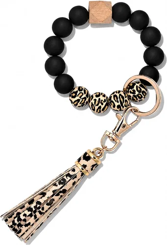 Vista 11 de BAOSIWA Pulsera de cuentas de silicona, llavero de pulsera, cadena para mujer, con borla de cuero Negro