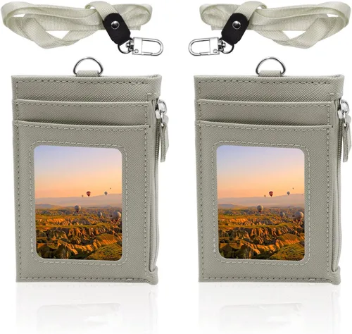 Vista 8 de Paquete de 2 portatarjetas de piel sintética con bolsillo con cremallera, cartera con cordón, tarjetero para tarjetas de identificación con 4 Negro