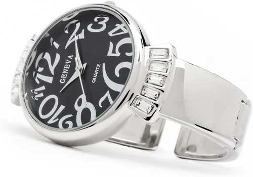 Vista 2 de Plata vidrio Negro banda grande cara mujer pulsera reloj