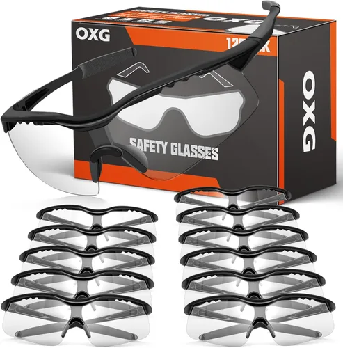 Vista 11 de OXG Paquete de 12 lentes de seguridad, ANSI Z87.1, resistentes a los impactos, antiatascos, para hombres, mujeres y jóvenes