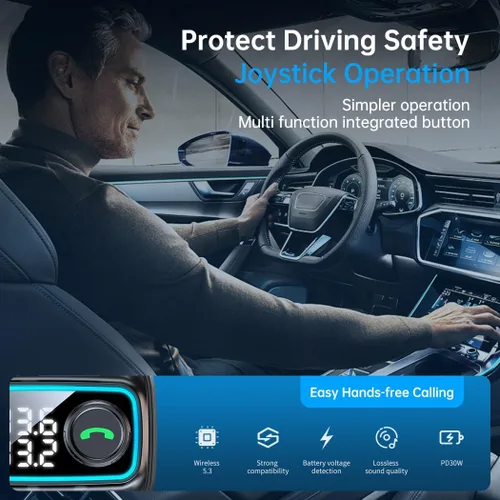 Vista 2 de Adaptador de coche Bluetooth 5.3 Transmisor FM, 42 W (PD30W y 12 W), cargador de coche USB C, receptor de radio inalámbrico, llamadas manos libres