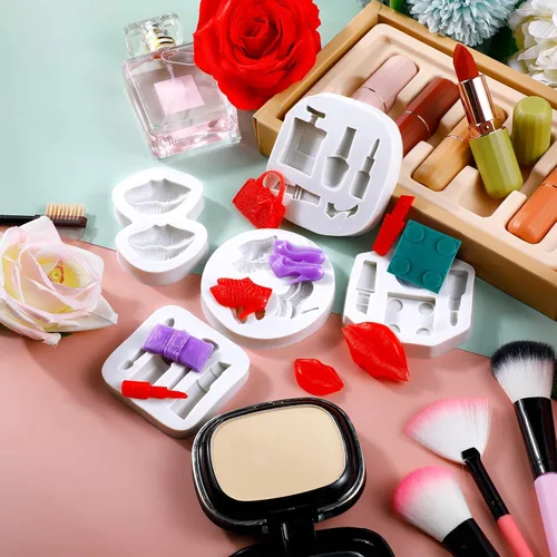 Vista 7 de 7 moldes de silicona para San Valentín, moldes de silicona con temática de maquillaje para pastel, chocolate, beso, lápiz labial, perfume, tacones
