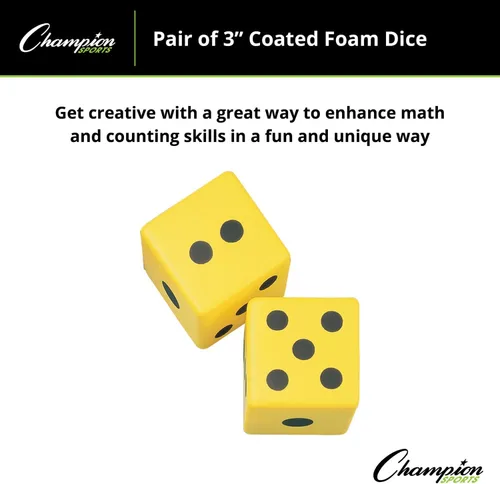 Vista 2 de Champion Sports Coated Foam Dice - Soft, Safe & Durable, Ideal for Math, Counting & Games, High-Visibility Yellow with Black Pips - 3 or 6 Inch Pairs