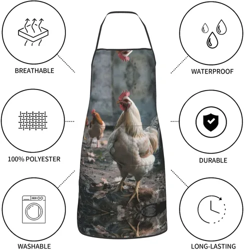Vista 4 de Chicken Full Print Stain Resistant Apron With Pocket-Water Repellent Polyester Kitchen Apron For Cooking,Bbq,Waitress