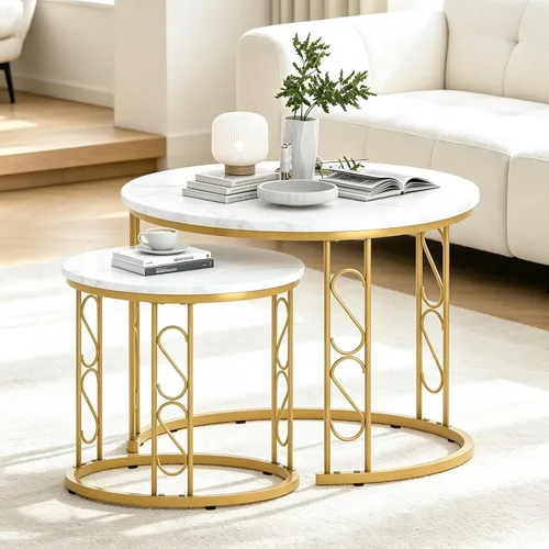 Vista 9 de Mesa de Centro Anidable, Juego de Mesa de Centro Redonda de 23.6" Set de 2, Juego de Mesas Anidables de Madera con Marco de Metal, Mesas Laterales