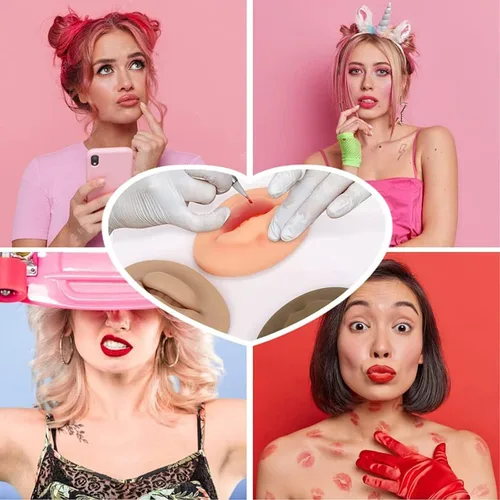 Vista 2 de Labios falsos de tatuaje, 3 piezas de tatuajes, labios de práctica de silicona 5D para prácticas de maquillaje, práctica de tatuajes realistas