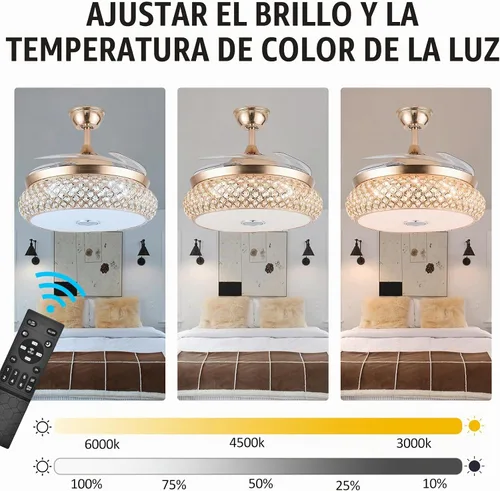 Vista 3 de WWahuayuan Ventilador de techo invisible retráctil de 42 pulgadas con luz y altavoz Bluetooth, candelabro ventilador Bluetooth moderno con control