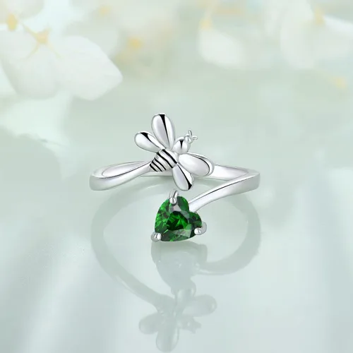 Vista 2 de FJ Anillo abierto de plata de ley para mujer, con piedra natal (anillo ajustable)