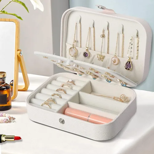 Vista 2 de Joyero para Viaje, Cajas Organizadoras de Joyería Pequeñas para Mujeres y Niñas, Estuche de Joyería de Viaje de 2 Capas, Estuche de Almacenamiento