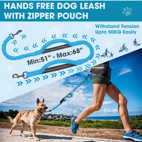 Vista 7 de Correa de perro manos libres con cinturón – Bungee sin tirones, asas acolchadas dobles y bolsa con cremallera para correr, caminar y entrenar