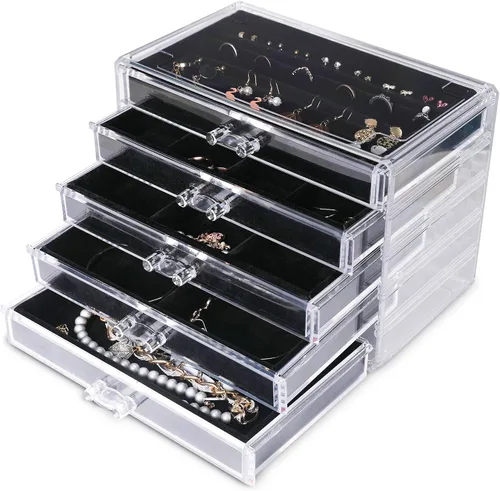 Vista 11 de Frebeauty Caja de joyas extra grande de acrílico para mujeres y niñas, organizador de aretes de terciopelo transparente de 5 capas con 5 cajones