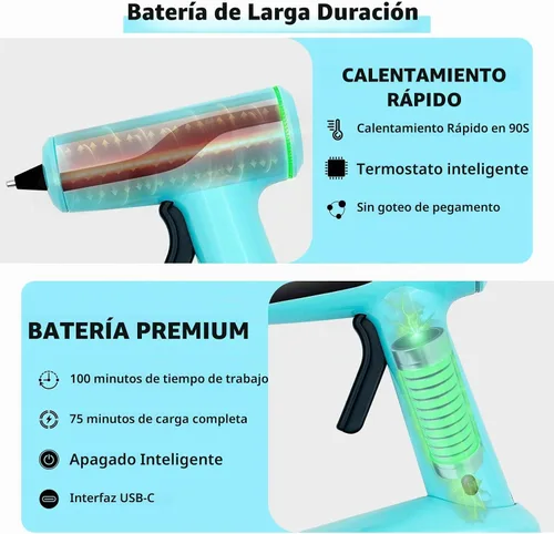 Vista 3 de Pistola de pegamento caliente inalámbrica, pistola de pegamento termofusible recargable de 2 Ah, batería incorporada, apagado inteligente, kit