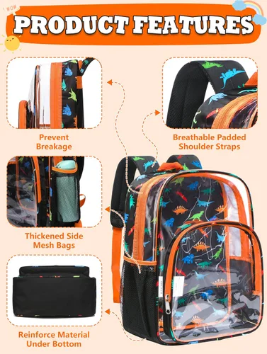 Vista 4 de BLUEFAIRY Mochila transparente para escuela, estadio, mochila transparente aprobada para niños, resistente PVC, bolsa grande transparente, Naranja