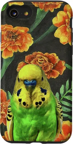 Vista 13 de Funda con patrón de flores vintage para iPhone 15 Budgie Orange Yellow Marigolds