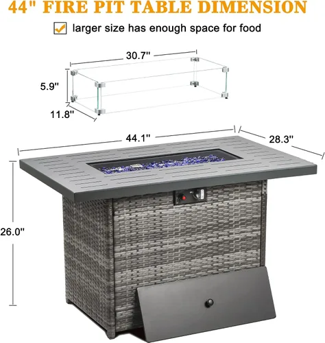 Vista 6 de LayinSun Mesa para fogata de gas propano de 44 pulgadas, 55000 BTU rectangular con protector de viento de vidrio para patio exterior, terraza
