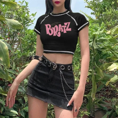Vista 3 de Camiseta corta de manga corta con cuello redondo y estampado de letras para mujer