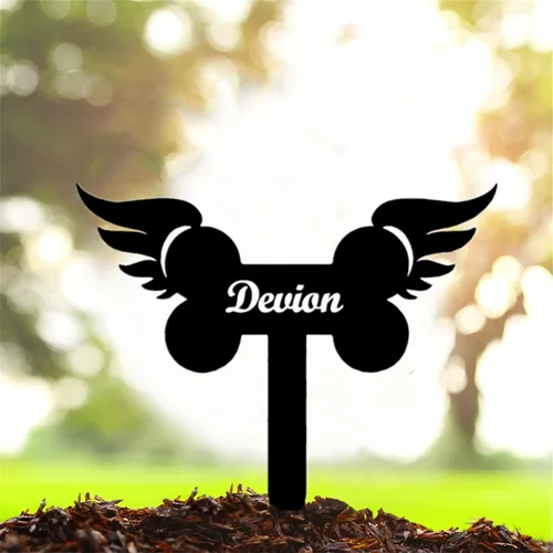 Vista 17 de Marcador de metal para tumbas para mascotas, nombre personalizado, estaca de jardín, perro, conmemorativo, alas de ángel, marcador de tumba, hueso
