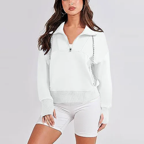 Vista 2 de Women's Quarter Zip Up Lapel Sweatshirt Trendy Cropped Drawstring Sweatshirt with Thumb Hole Loose Long Sleeve Workout Tops