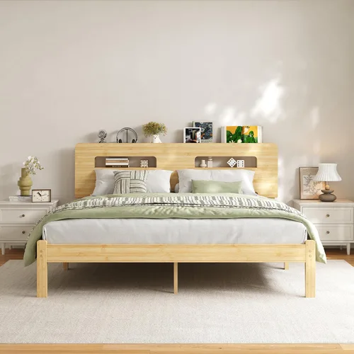 Vista 12 de ZIYOO Marco de cama de madera de bambú maciza tamaño individual con cabecera de almacenamiento, marco de cama plataforma de 14 pulgadas