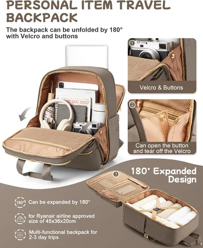 Vista 3 de Mochila de viaje de mano aprobada para el vuelo, pequeña mochila de viaje para mujeres, mochila de mano para artículos personales, bolsa de viaje