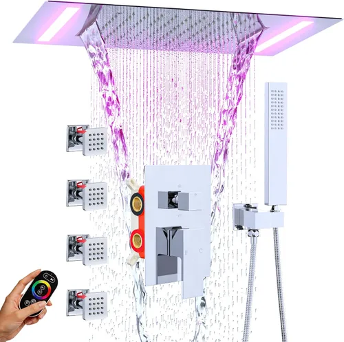 Vista 9 de ENGA Sistema de ducha dorado brillante con chorros corporales, 2 en 1 funciones de montaje en techo, cabezal de ducha LED de 14 x 20 pulgadas con 4