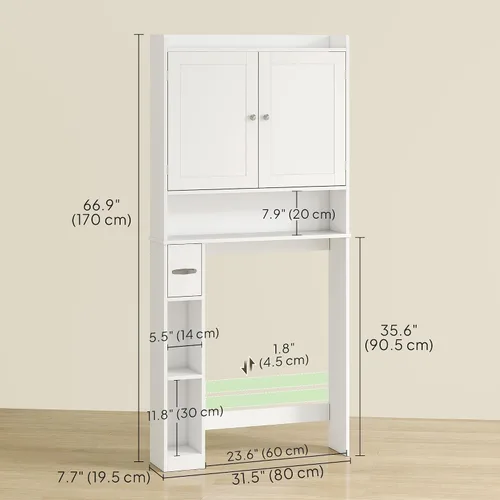 Vista 3 de HOMCOM Armario de almacenamiento sobre el inodoro, moderno organizador de baño sobre el inodoro con 2 puertas, estantes de almacenamiento, soporte