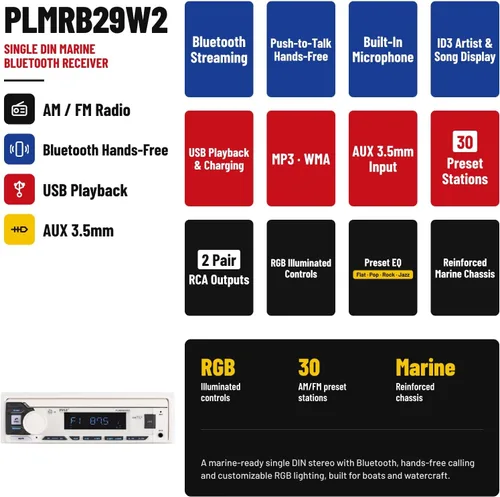 Vista 3 de Pyle PLMRB29W2 - Receptor estéreo con Bluetooth marino con Bluetooth único DIN, 2.25 pulgadas, 20 W, potencia máxima, compacto, PowerSport