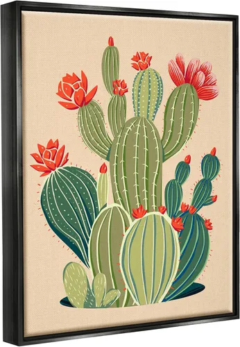 Vista 2 de Stupell Industries Ziwei Li - Lienzo decorativo para pared, diseño de flores de cactus caprichoso Flotador negro enmarcado