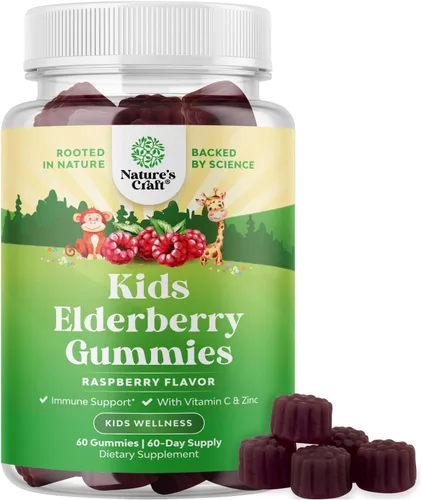 Vista 10 de Gomitas de saúco para niños con zinc y vitamina C, deliciosas gomitas de saúco negro Sambucus para apoyo inmunológico de niños, apoyo diario
