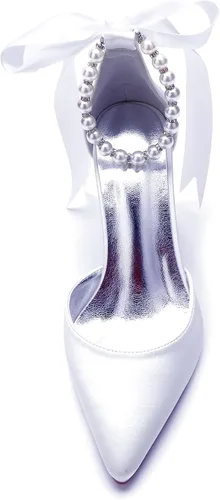 Vista 4 de Zapatos de boda blancos perla para novia de tacón alto puntiagudo zapatos de novia tacones de bloque de satén vestido de fiesta sandalias