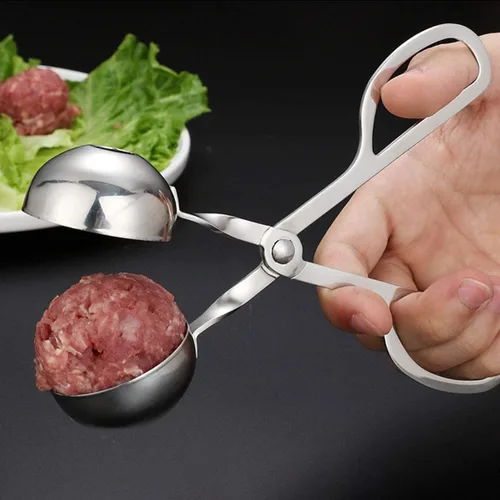 Vista 6 de Cuchara para albóndigas (4 unidades, acero inoxidable, mango largo) NonStick Cooking Tool Set, DIY Kitchen Gadget, Meat Baller Making Tongs, Beef