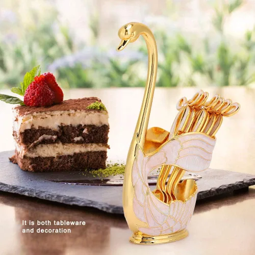 Vista 6 de Juego de cucharas de postre de café, elegante estante de almacenamiento de cucharas con forma de cisne, cucharas de postre de metal sólido
