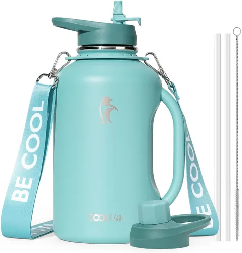 Vista 18 de Coolflask - Botella de agua aislada de 64 onzas, jarra de agua de medio galón con asa, popote de acero inoxidable, doble pared, de metal al vacío