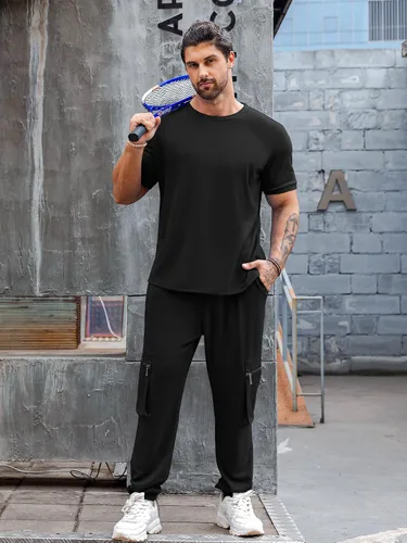 Vista 4 de Babioboa Conjunto de 2 piezas de camiseta y pantalones deportivos para hombre, con bolsillo con solapa, pantalones deportivos holgados y lisos