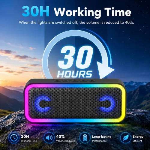 Vista 4 de Altavoz Bluetooth portátil, altavoz inalámbrico estéreo de 30 W con graves profundos y luces RGB, Bluetooth 5.4, IPX7 impermeable, tiempo
