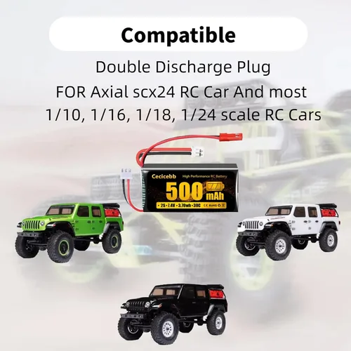 Vista 5 de Batería Lipo de 7.4 V 2S 30C 500mAh recargable RC Lipo con JST y PH2.0 enchufe para Axial SCX24 RC Car y 1/10, 1/16, 1/18, 1/24 RC Cars Vehículos