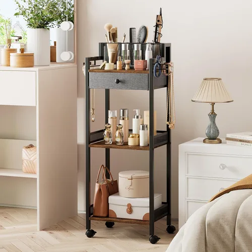 Vista 2 de Organizadores de almacenamiento de baño con cajón, unidad rodante de pie de metal de 3 niveles con soporte para papel higiénico, estante