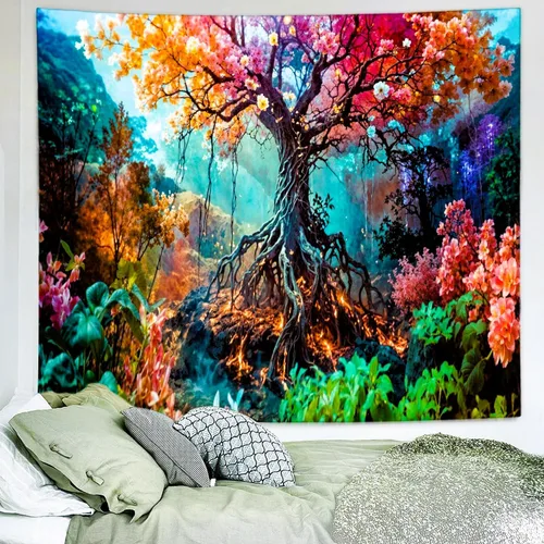 Vista 2 de Delur Tapiz de bosque con diseño de árbol de la vida, bosque tropical, para colgar en la pared, colorido paisaje místico, cabecero psicodélico