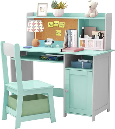 Vista 4 de TaoHFE Silla de Escritorio Azul para Niños, Escritorio para Niños con Almacenamiento y Estante, Conjunto de Escritorio y Silla de Madera para Niños