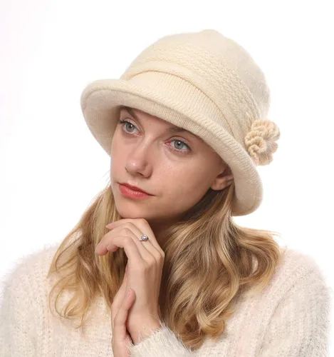 Vista 21 de C-US - Gorro de punto cálido para mujer, con visera de ganchillo con acento de flores