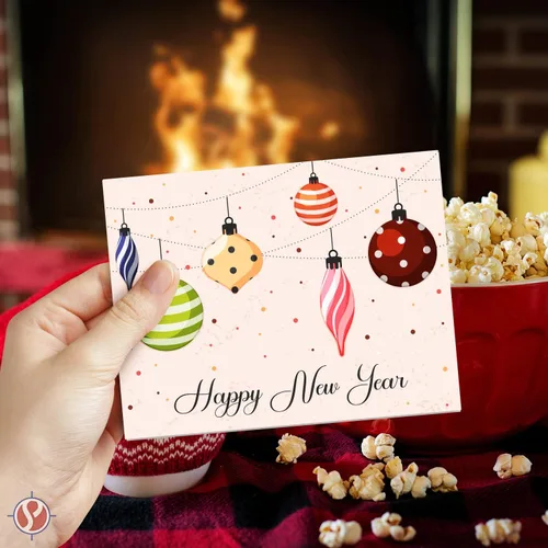 Vista 2 de 2026 Tarjetas de Feliz Año Nuevo y sobres – Bombas coloridas brillantes, saludos navideños de Navidad, invitaciones, agradecimientos, anuncios
