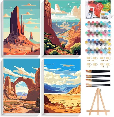 Vista 11 de Offito Paquete de 4 pinturas enmarcadas por números para adultos principiantes con caballete de madera, kit de pintura fácil de paisaje por números