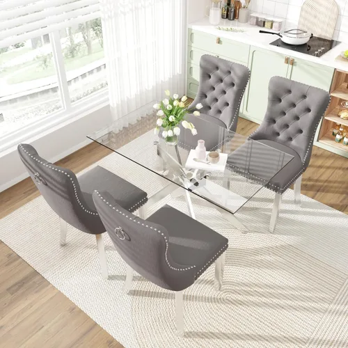Vista 2 de Juego de mesa de comedor de cristal de 51" para 4, gris Tapa de vidrio templado, patas de metal plateado, sillas de terciopelo, juego de comedor