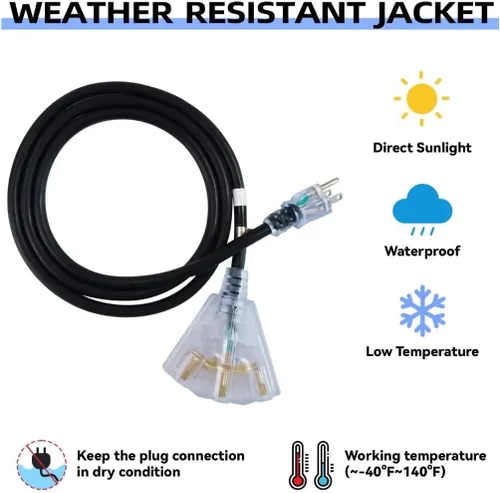 Vista 4 de Cable de extensión iluminado para exteriores de 6 pies con 3 tomas de corriente eléctrica - Cable de extensión negro resistente SJTW 12/3