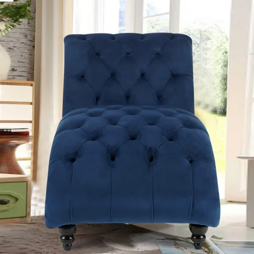 Vista 4 de Chaise Lounge para interiores de 63 pulgadas con botón capitoné sin brazos para sala de estar y dormitorio, respaldo ergonómico refinado moderno Azul