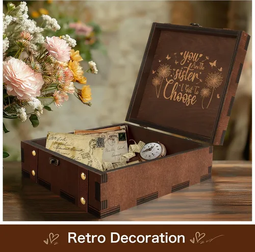 Vista 5 de MACEVIA Caja de Recuerdos de la Amistad, Pequeña Caja de Memoria de Madera para Hermanas, Eres La Hermana Que Pude Elegir - Mini Cajas Grabadas 02