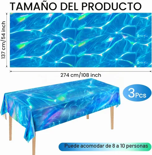 Vista 2 de 3 Piezas Manteles de Ondas Oceánicas Iridiscentes, 54 x 108 Pulgadas Mantel de Mesa de Plástico Desechable del Océano, Manteles con Estampado