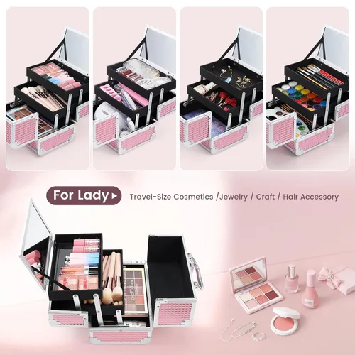 Vista 2 de Estuche de Tren de Maquillaje FRENESSA Caja de Maquillaje Organizador Portátil Estuche de Cosméticos para Viaje Estuche de Maquillaje con Espejo