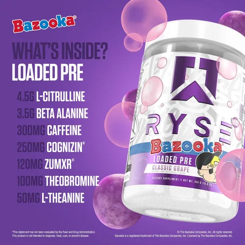 Vista 5 de RYSE Loaded - Polvo de preentrenamiento – Uva Bazooka – Preentrenamiento diario para hombres y mujeres con 390 mg de cafeína, beta alanina