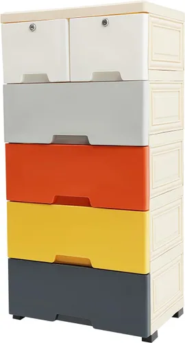 Vista 5 de LOYALHEARTDY Cómoda de plástico con 6 cajones, organizador alto para sala de juegos, muebles, 5 ruedas, 2 cerraduras, capacidad de carga de 66